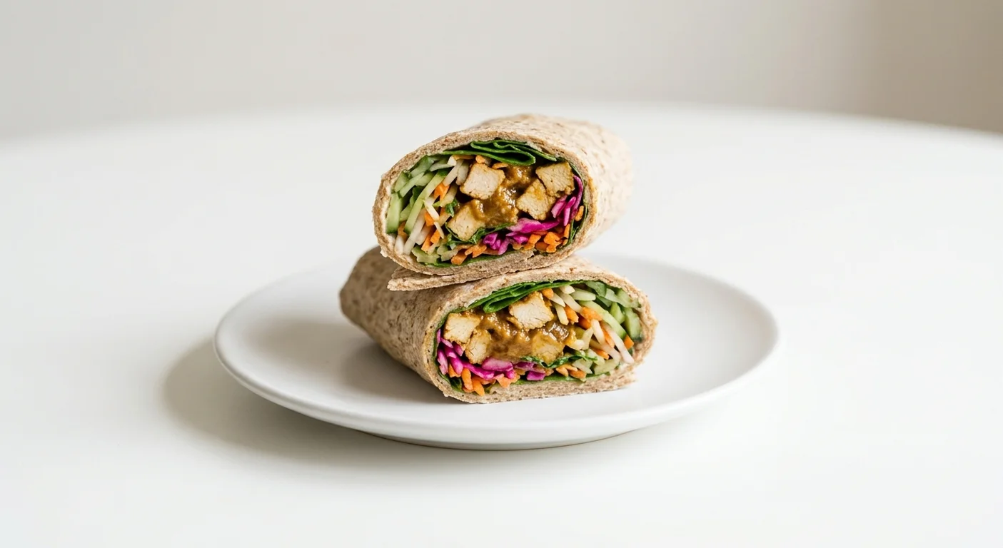 Pret A Manger Chicken Satay Wrap, satay chicken and slaw wrap cut in half on a white plate, nutrition and calories