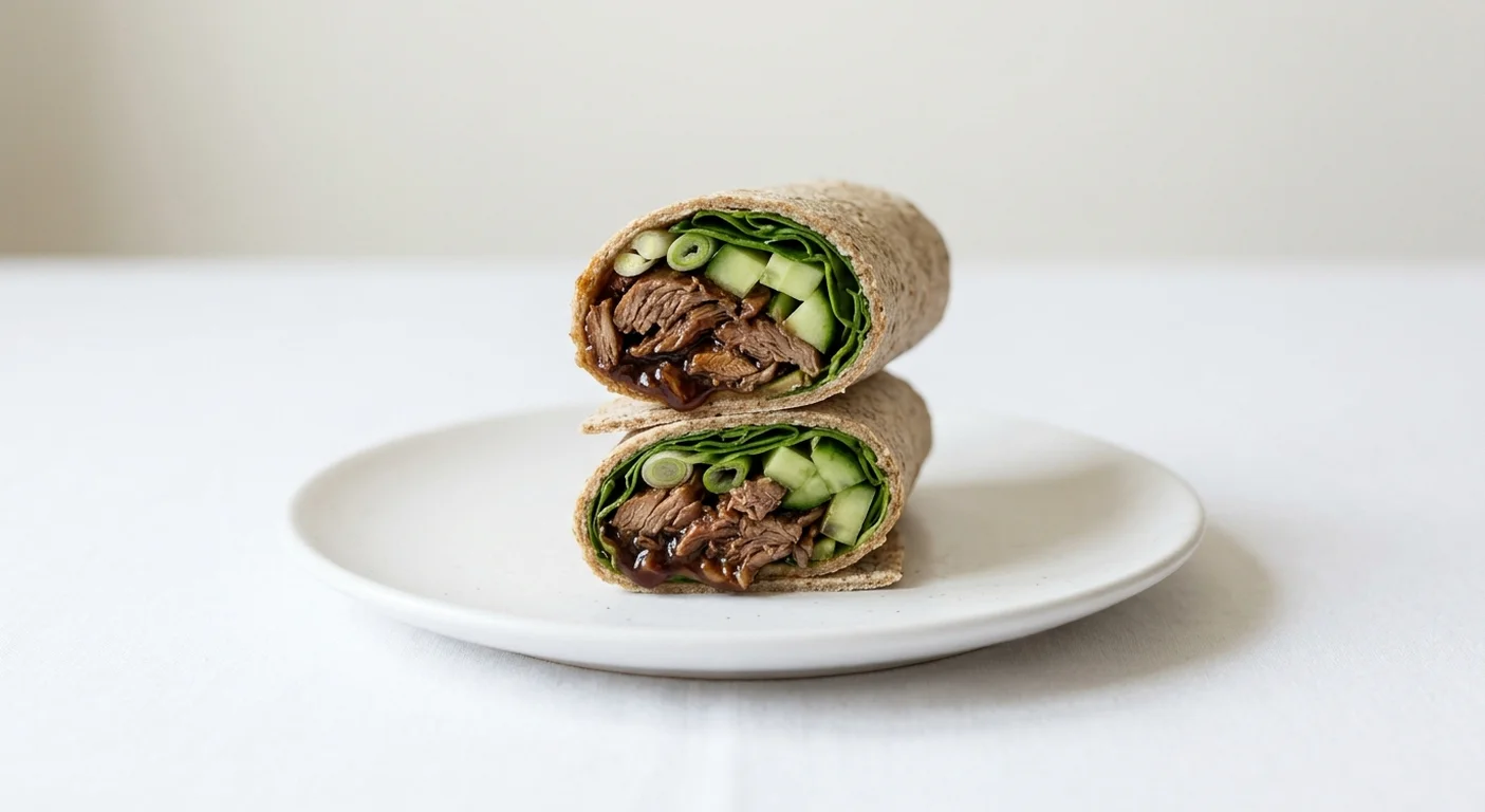 Pret A Manger Hoisin Duck Wrap, hoisin duck and cucumber wrap cut in half on a white plate, nutrition and calories