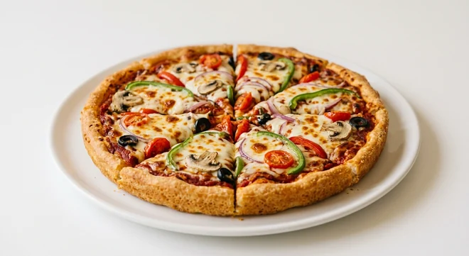 Pizza Hut Veggie Supreme (Sharing Pan, 13-inch), pan pizza in 8 slices, topped with peppers, red onion, mushrooms, cherry tomatoes, black olives and mozzarella, on a white plate, nutrition and calories