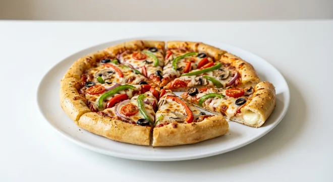 Pizza Hut Veggie Supreme (Sharing Stuffed Crust, 14-inch), stuffed crust pizza in 8 slices with the cheese-filled crust showing, topped with peppers, red onion, mushrooms, cherry tomatoes, black olives and mozzarella, on a white plate, nutrition and calories