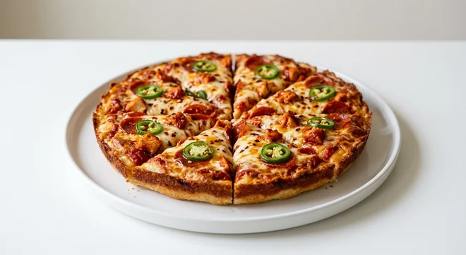 Pizza Hut Hot Honey Sriracha Chicken & Pepperoni (Individual Pan, 9-inch), pan pizza in 6 slices, topped with sriracha chicken, pepperoni, jalapeños, chilli flakes and mozzarella, on a white plate, nutrition and calories