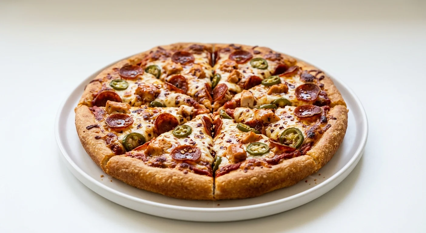 Pizza Hut Hot Honey Sriracha Chicken & Pepperoni (Sharing Pan, 13-inch), pan pizza in 8 slices, topped with sriracha chicken, pepperoni, jalapeños, chilli flakes and mozzarella, on a white plate, nutrition and calories
