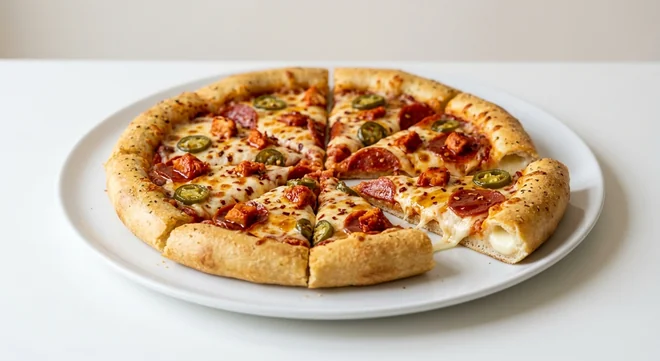 Pizza Hut Hot Honey Sriracha Chicken & Pepperoni (Individual Stuffed Crust, 11-inch), stuffed crust pizza in 6 slices with the cheese-filled crust showing, topped with sriracha chicken, pepperoni, jalapeños, chilli flakes and mozzarella, on a white plate, nutrition and calories