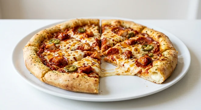 Pizza Hut Hot Honey Sriracha Chicken & Pepperoni (Sharing Stuffed Crust, 14-inch), stuffed crust pizza in 8 slices with the cheese-filled crust showing, topped with sriracha chicken, pepperoni, jalapeños, chilli flakes and mozzarella, on a white plate, nutrition and calories
