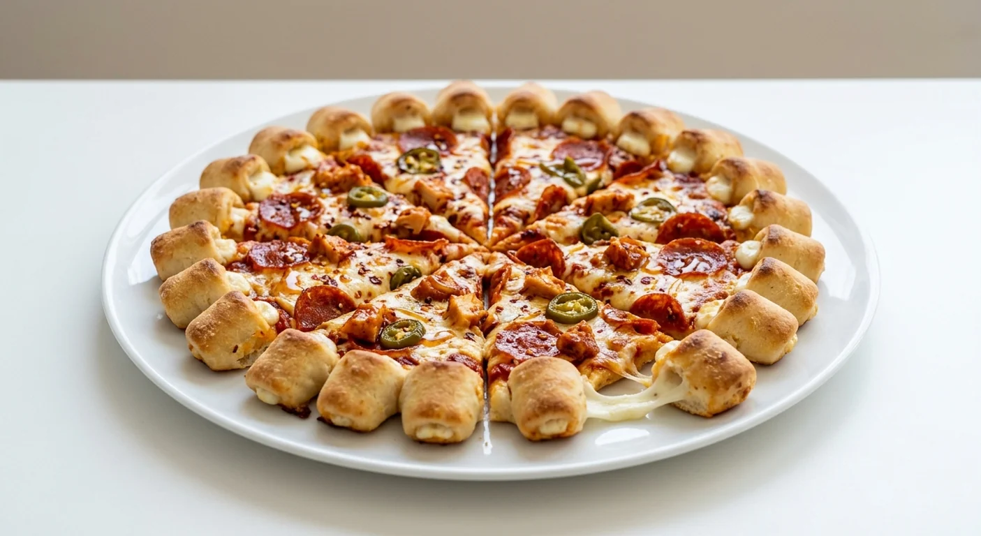 Pizza Hut Hot Honey Sriracha Chicken & Pepperoni (Cheesy Bites, 14-inch), Cheesy Bites pizza in 8 slices with a ring of cheese-filled bites, topped with sriracha chicken, pepperoni, jalapeños, chilli flakes and mozzarella, on a white plate, nutrition and calories