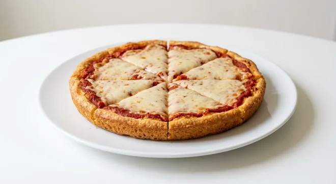Pizza Hut Vegan Margherita (Sharing Pan, 13-inch), pan pizza in 8 slices, topped with tomato sauce and vegan cheese, on a white plate, nutrition and calories
