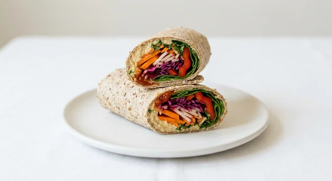 Pret A Manger Humous & Chipotle Wrap, humous, red pepper and slaw wrap cut in half on a white plate, nutrition and calories