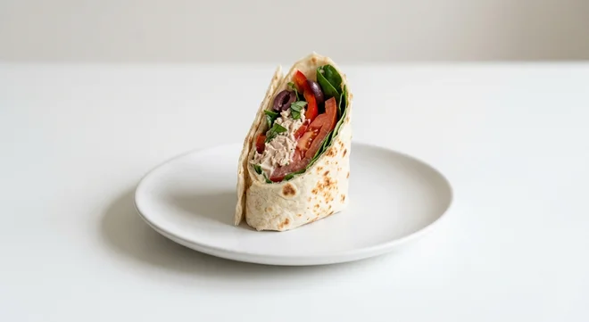 Pret A Manger Mediterranean Style Tuna Half Flatbread, single half tuna, tomato and olive flatbread on a white plate, nutrition and calories