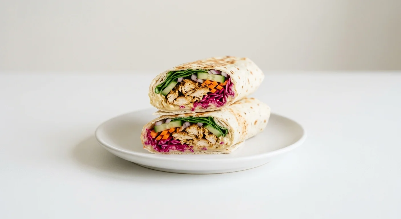 Pret A Manger Shawarma Spiced Chicken Flatbread, shawarma chicken, humous and pickled cabbage flatbread cut in half on a white plate, nutrition and calories