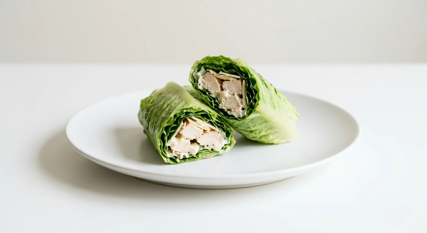 Pret A Manger No Bread Chicken Caesar Wrap, chicken Caesar wrapped in romaine leaves on a white plate, nutrition and calories