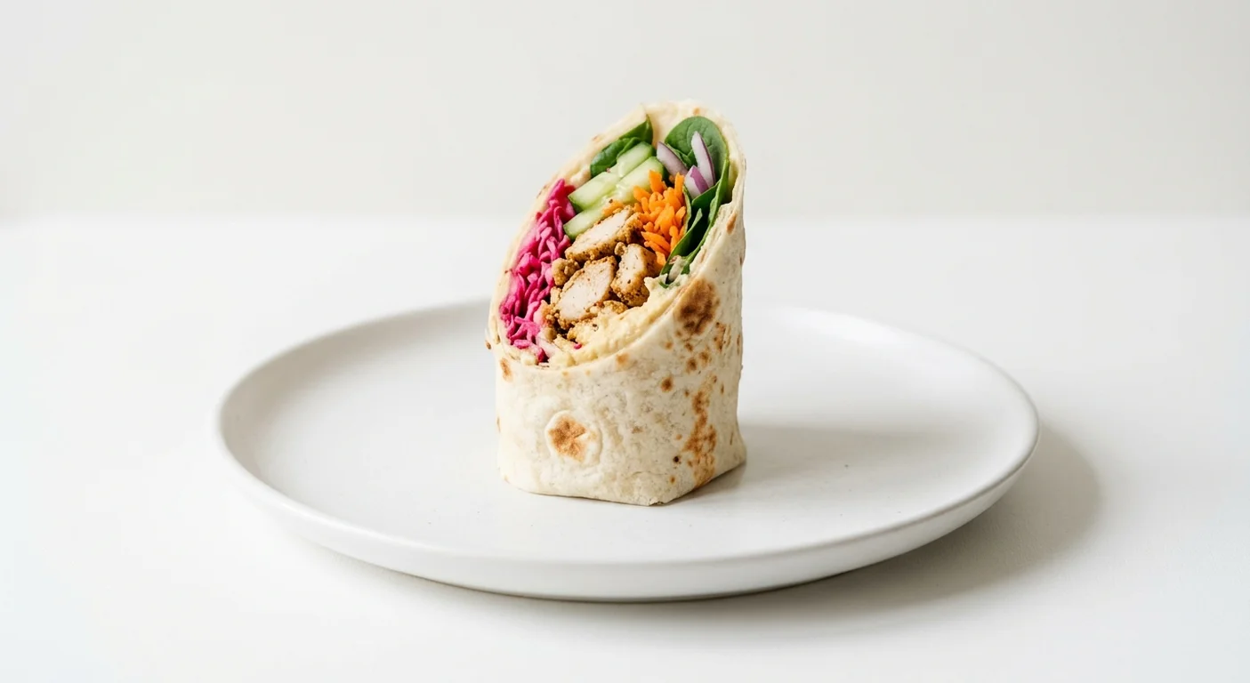 Pret A Manger Shawarma Spiced Chicken Half Flatbread, single half shawarma chicken and humous flatbread on a white plate, nutrition and calories
