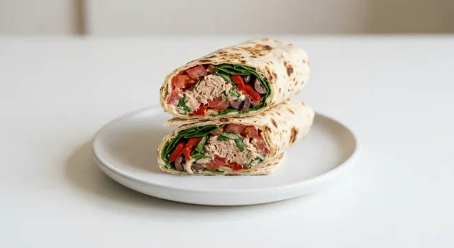 Pret A Manger Mediterranean Style Tuna Flatbread, tuna, tomato and olive flatbread cut in half on a white plate, nutrition and calories