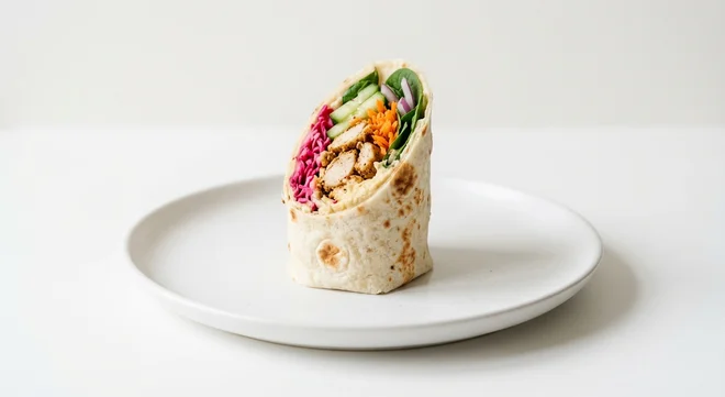Pret A Manger Shawarma Spiced Chicken Half Flatbread, single half shawarma chicken and humous flatbread on a white plate, nutrition and calories