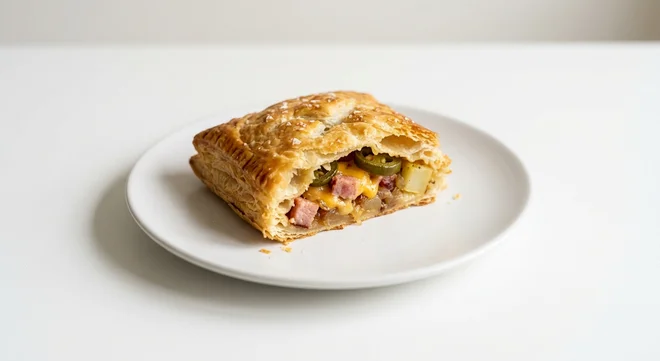 Pret A Manger Bacon, Cheese & Jalapeño Pastry, bacon, cheese and jalapeño puff pastry on a white plate, nutrition and calories