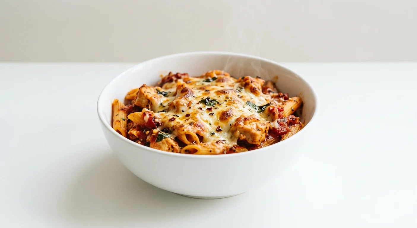 Pret A Manger Chicken Arrabbiata Pasta Bake, chicken arrabbiata penne bake in a deep bowl, nutrition and calories