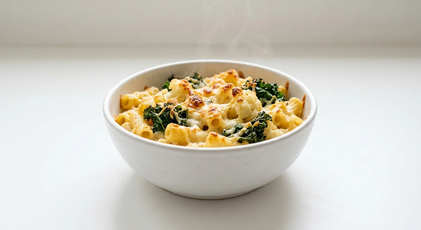 Pret A Manger Kale & Cauli Macaroni Cheese, kale and cauliflower macaroni cheese in a deep bowl, nutrition and calories