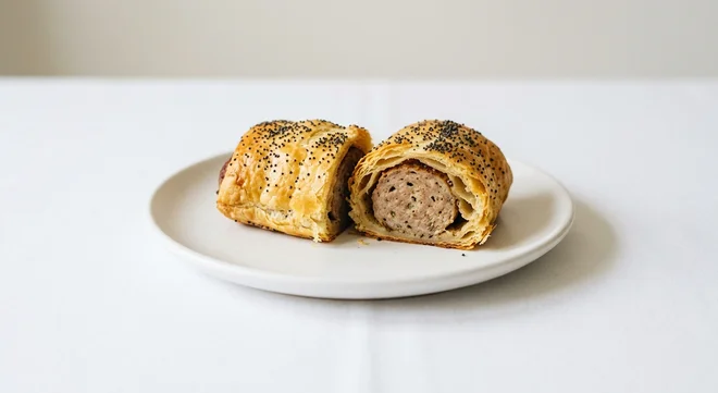 Pret A Manger Pret's Sausage Roll, puff pastry sausage roll cut in half on a white plate, nutrition and calories