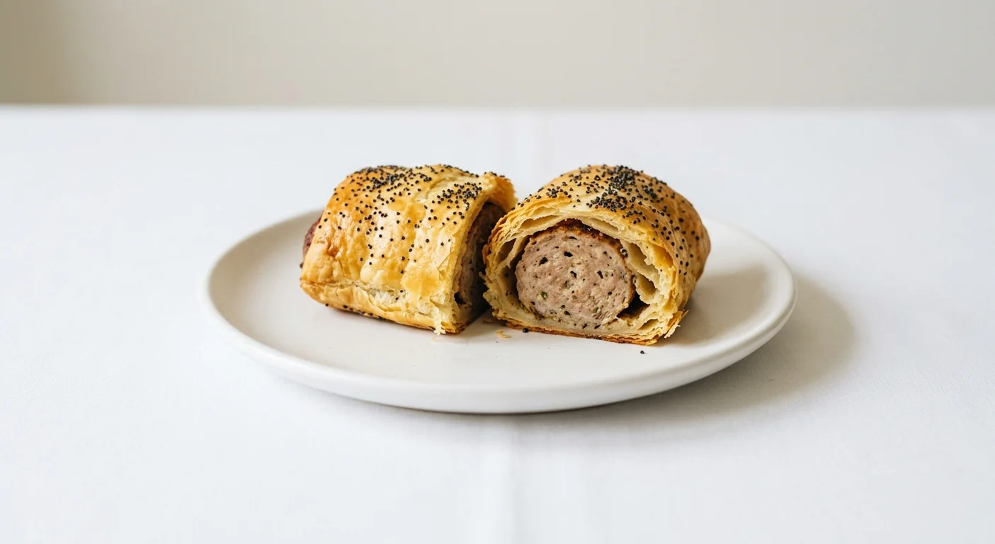 Pret A Manger Pret's Sausage Roll, puff pastry sausage roll cut in half on a white plate, nutrition and calories
