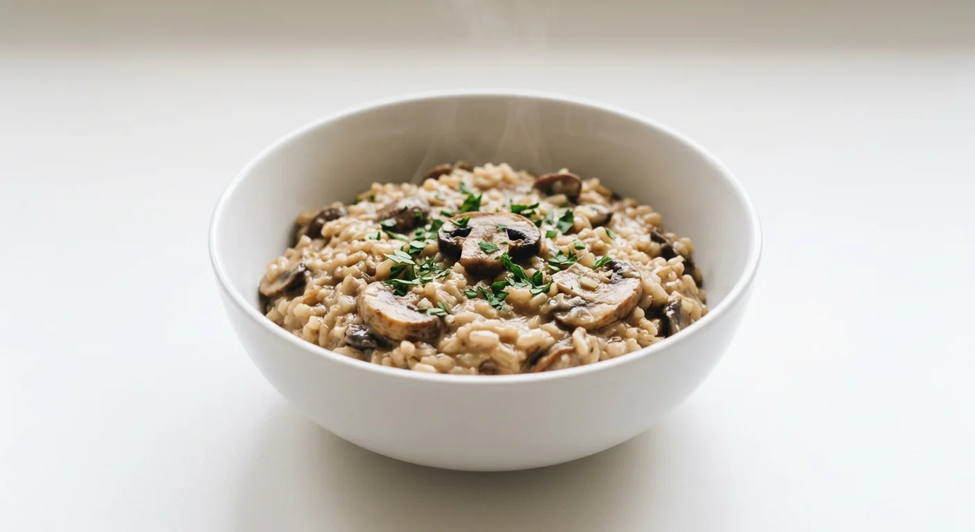Pret A Manger Pret's Mushroom Risotto, mushroom and brown rice risotto in a deep bowl, nutrition and calories
