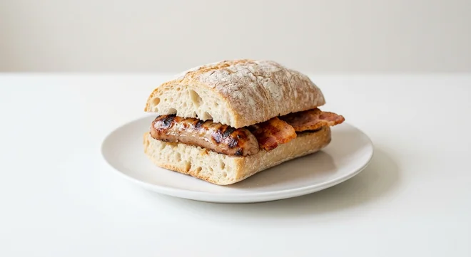 Pret A Manger Sausage & Bacon Ciabatta, sausage and bacon ciabatta roll on a white plate, nutrition and calories