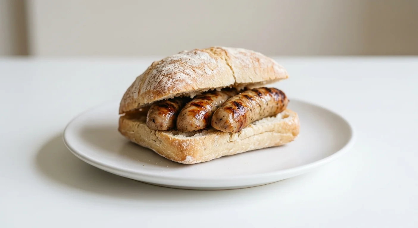 Pret A Manger Triple Sausage Ciabatta, three sausage ciabatta roll on a white plate, nutrition and calories