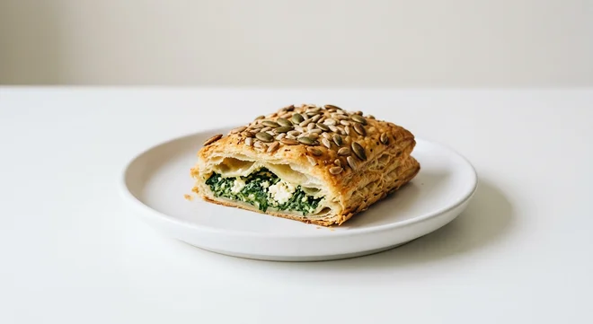Pret A Manger Spinach & Feta Pastry, spinach and feta puff pastry with seeds on a white plate, nutrition and calories