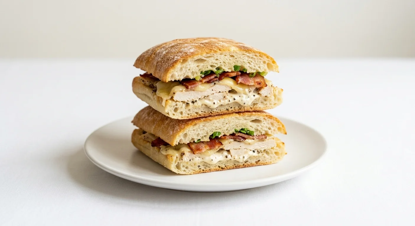 Pret A Manger Warm Chicken Caesar Bacon Ciabatta, chicken Caesar and bacon toasted ciabatta on a white plate, nutrition and calories