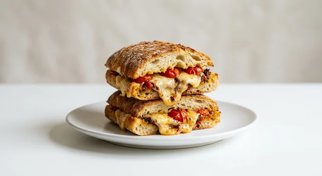 Pret A Manger Warm Three Cheese & Tomato Ciabatta, three cheese and roasted tomato toasted ciabatta on a white plate, nutrition and calories