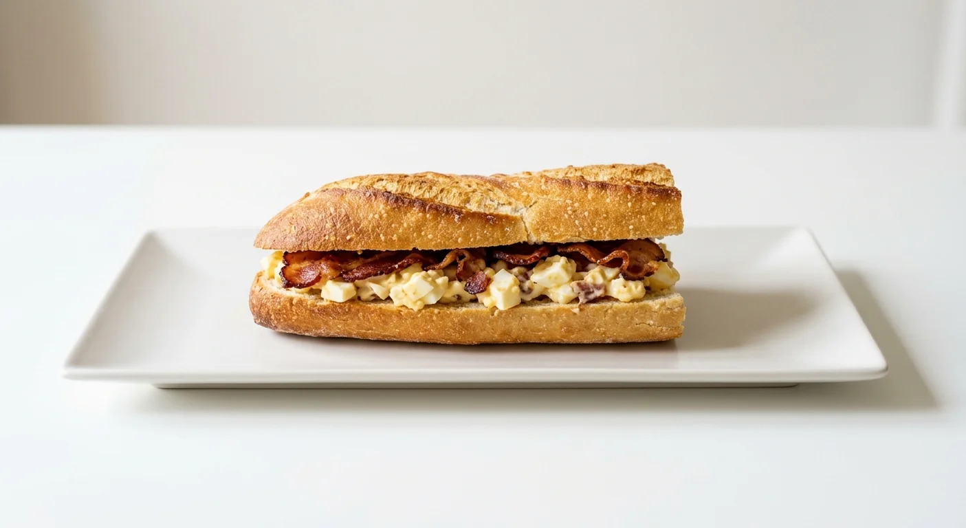 Pret A Manger Bacon & Egg Mayo Breakfast Baguette, bacon and egg mayo breakfast baguette on a white plate, nutrition and calories