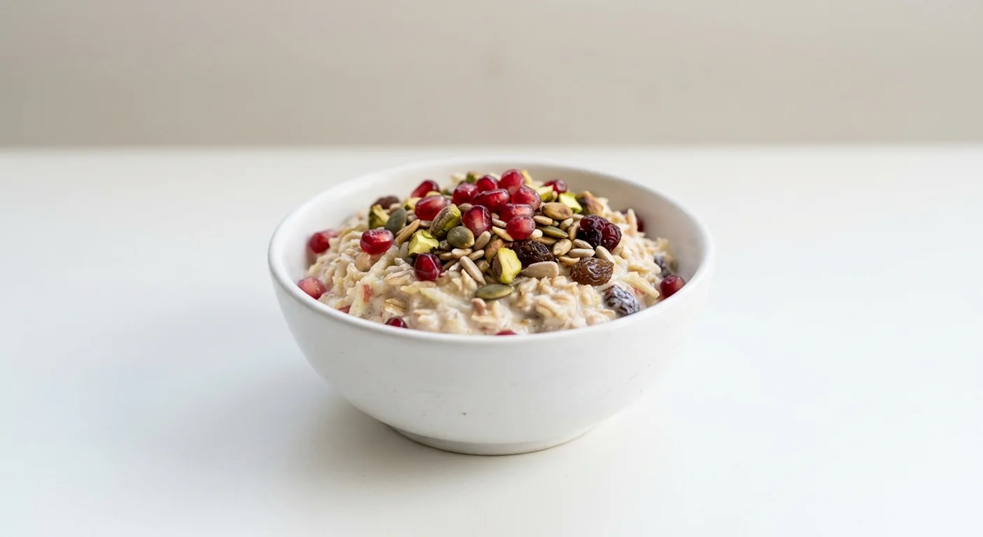 Pret A Manger Bircher Muesli, Bircher muesli with pomegranate and pistachios in a small bowl, nutrition and calories