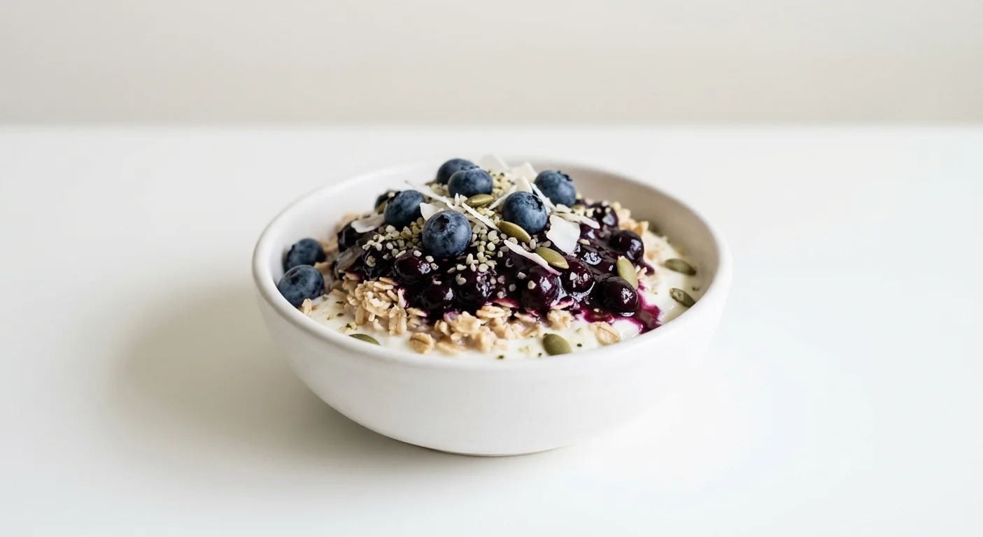 Pret A Manger Blueberry Balance Bowl, yogurt, oats and blueberry compote in a small bowl, nutrition and calories