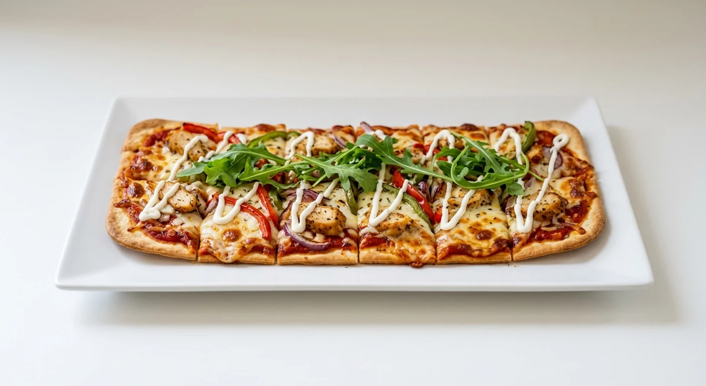 Pizza Hut Chicken Delight Flatbread, long flatbread pizza with chicken, peppers, red onion, mozzarella, rocket and a sour cream drizzle, on a white plate, nutrition and calories