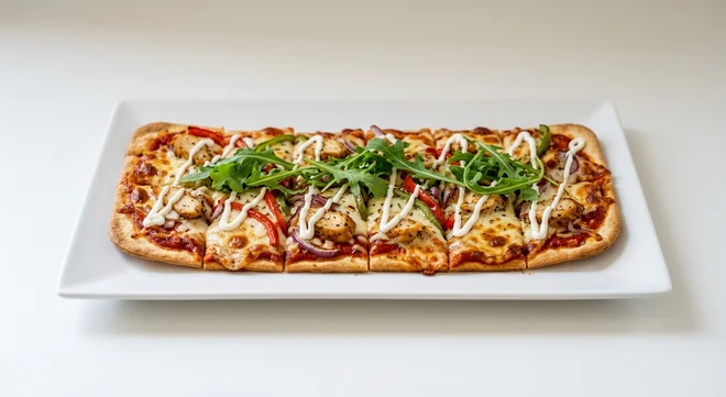 Pizza Hut Chicken Delight Flatbread, long flatbread pizza with chicken, peppers, red onion, mozzarella, rocket and a sour cream drizzle, on a white plate, nutrition and calories