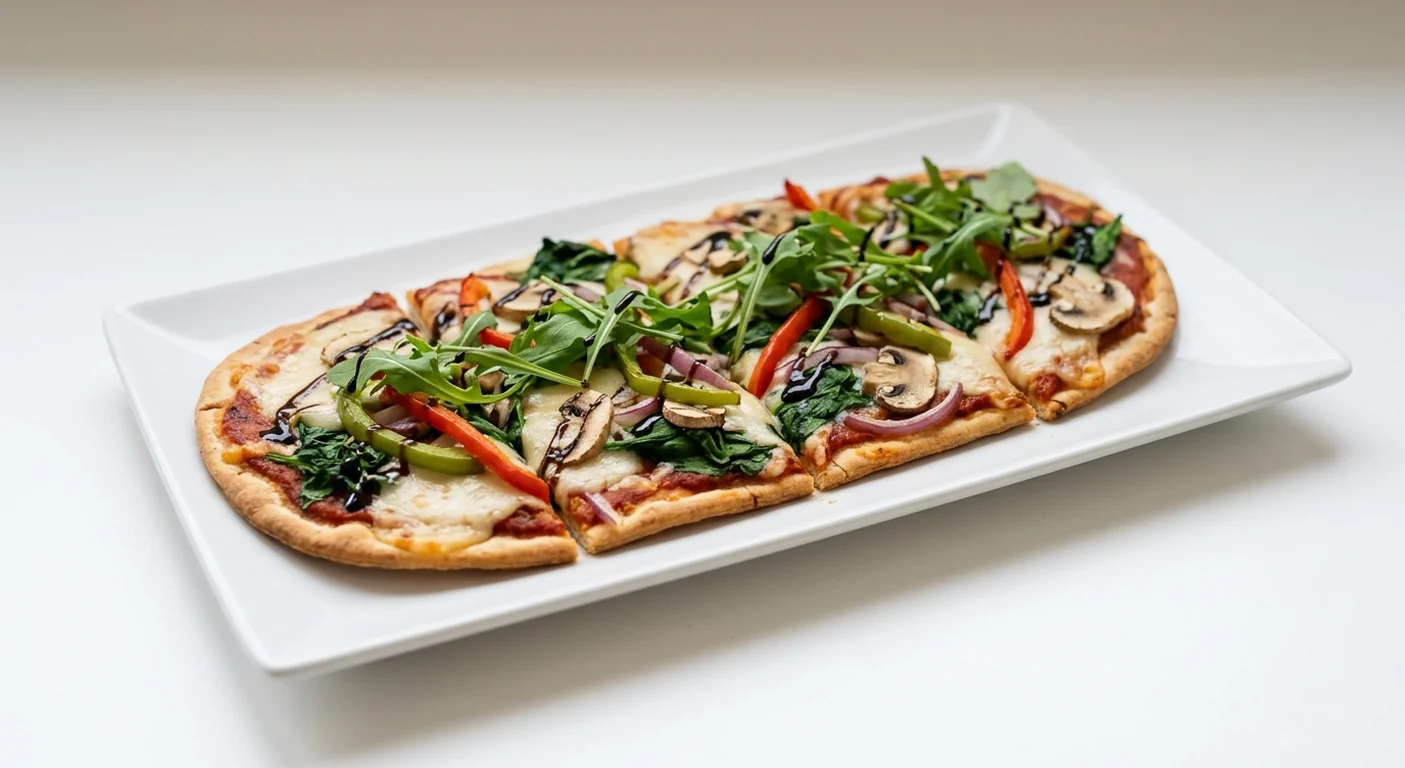Pizza Hut Vegan Virtuous Veg Flatbread, long flatbread pizza with spinach, peppers, red onion, mushrooms, vegan cheese, rocket and a balsamic drizzle, on a white plate, nutrition and calories