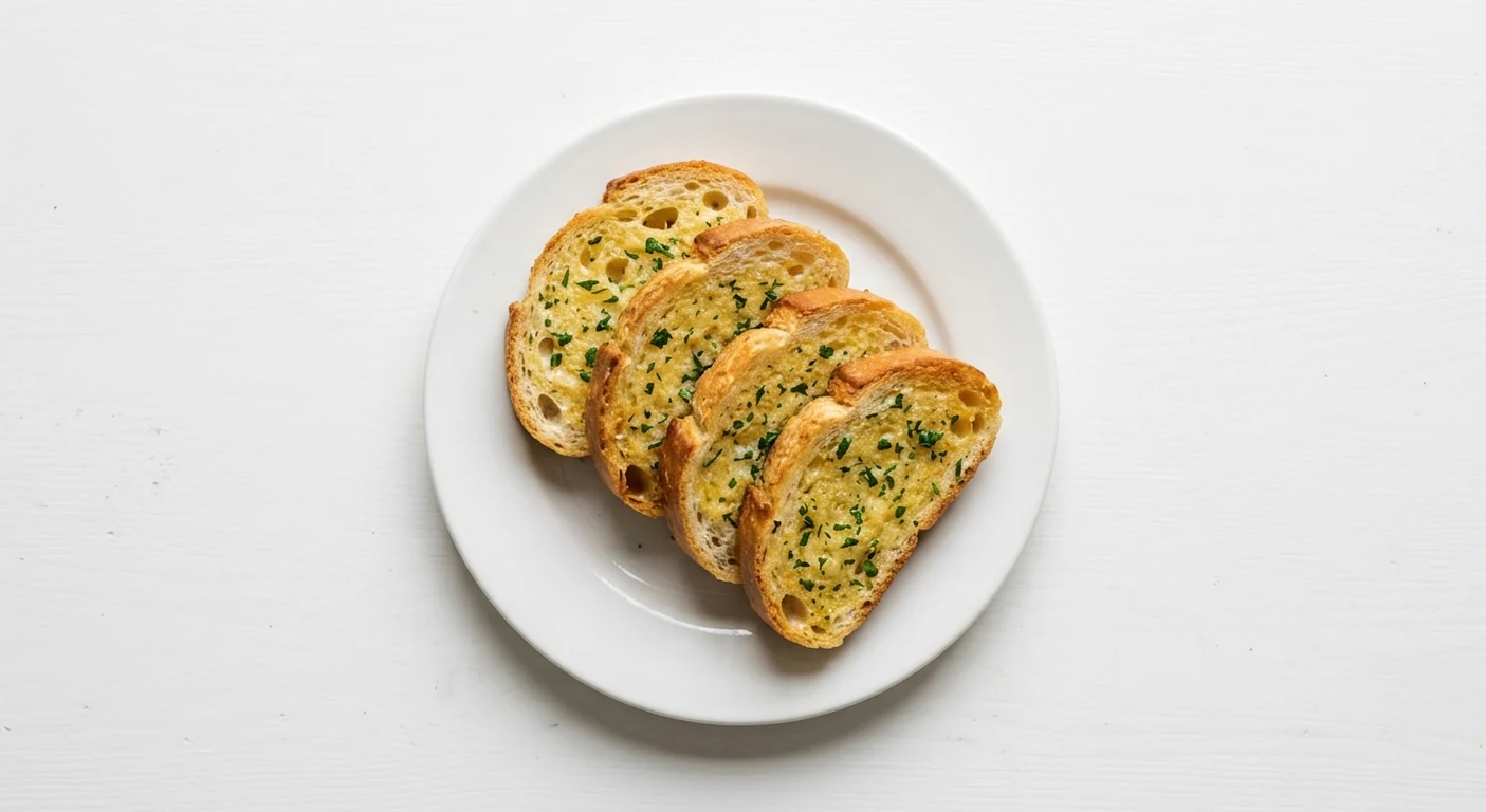 Pizza Hut Garlic Bread, 4 slices of golden garlic bread with herbs, on a white plate, nutrition and calories
