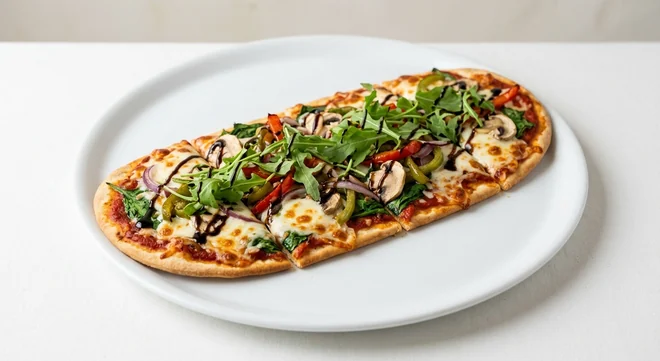 Pizza Hut Virtuous Veg Flatbread, long flatbread pizza with spinach, peppers, red onion, mushrooms, mozzarella, rocket and a balsamic drizzle, on a white plate, nutrition and calories