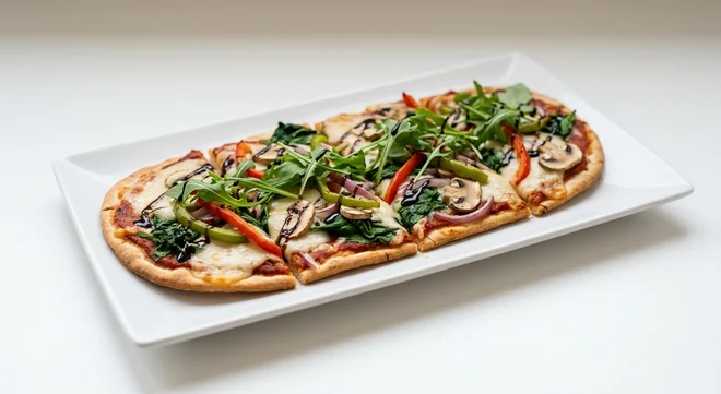Pizza Hut Vegan Virtuous Veg Flatbread, long flatbread pizza with spinach, peppers, red onion, mushrooms, vegan cheese, rocket and a balsamic drizzle, on a white plate, nutrition and calories