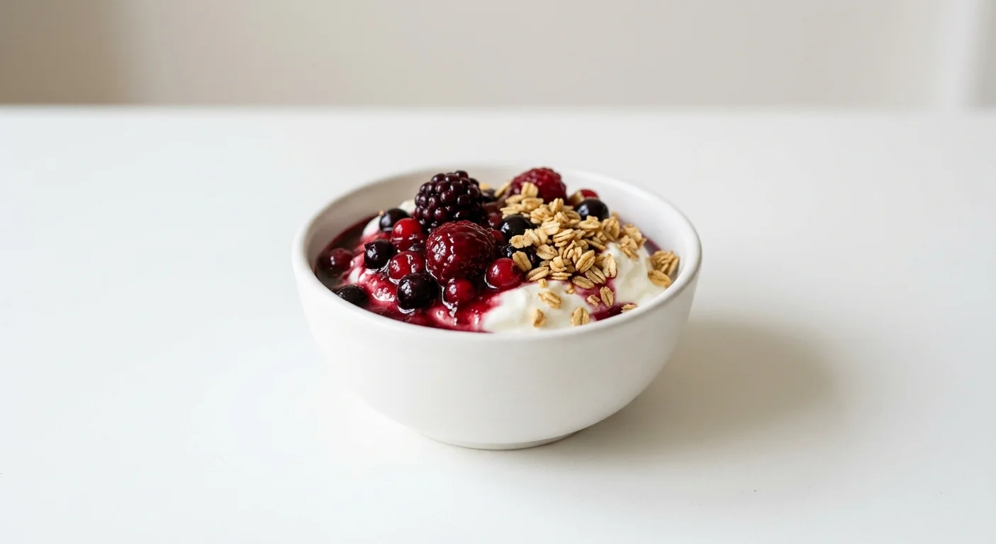 Pret A Manger Five Berry Bowl, yogurt with five berry compote and granola in a small bowl, nutrition and calories