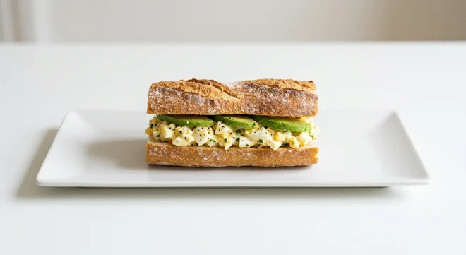 Pret A Manger Free-Range Egg & Avo Breakfast Baguette, egg mayo and avocado breakfast baguette on a white plate, nutrition and calories