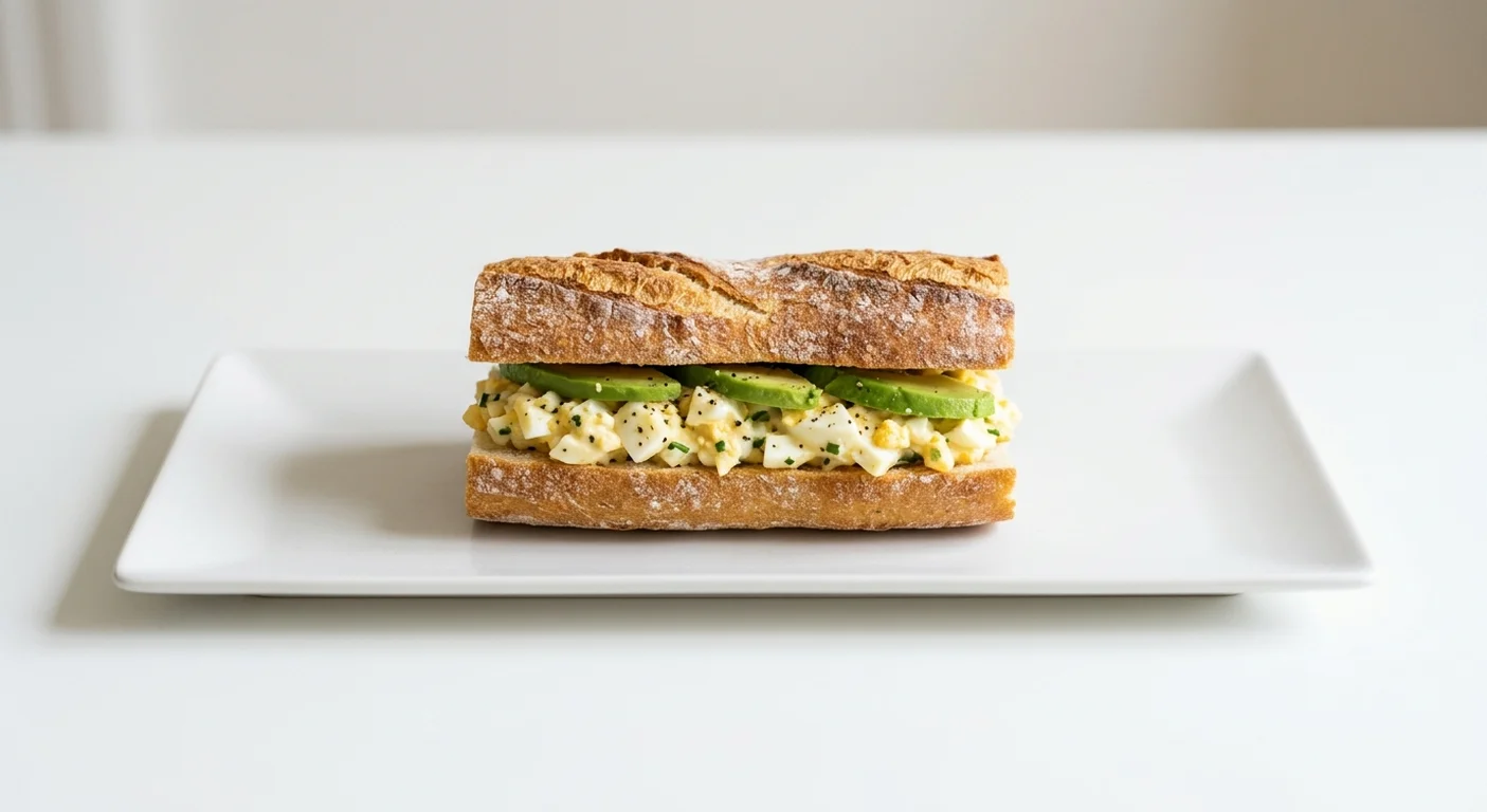 Pret A Manger Free-Range Egg & Avo Breakfast Baguette, egg mayo and avocado breakfast baguette on a white plate, nutrition and calories