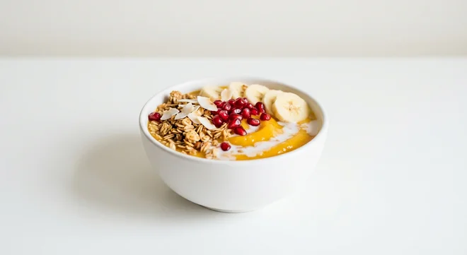 Pret A Manger Mango & Banana Sunshine Bowl, mango and banana bowl with granola and pomegranate in a small bowl, nutrition and calories