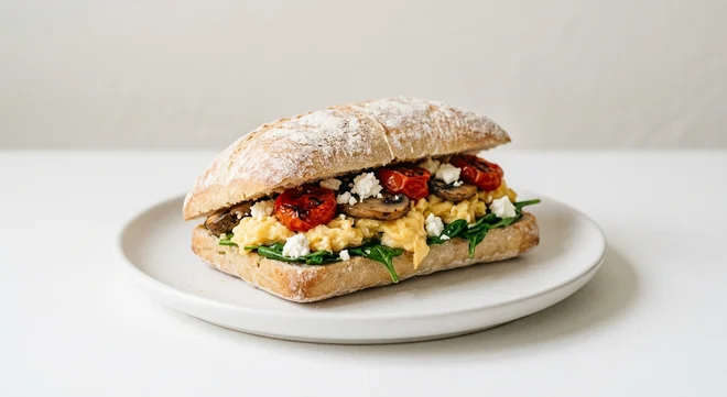 Pret A Manger Pret's Veggie Breakfast Ciabatta, egg, mushroom, tomato and feta breakfast ciabatta on a white plate, nutrition and calories