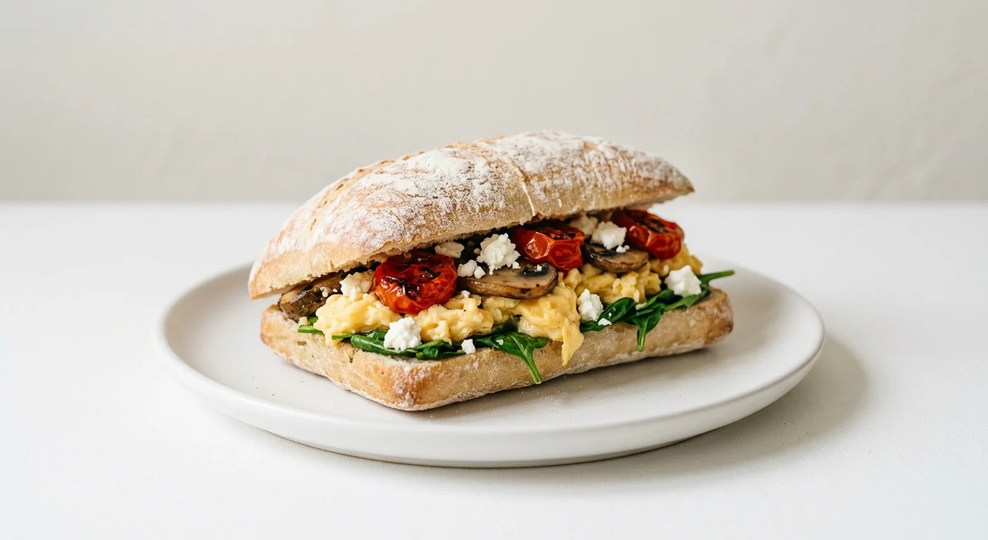 Pret A Manger Pret's Veggie Breakfast Ciabatta, egg, mushroom, tomato and feta breakfast ciabatta on a white plate, nutrition and calories