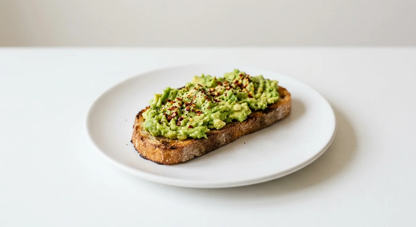 Pret A Manger Smashed Avocado Sourdough Toast, smashed avocado on sourdough toast on a white plate, nutrition and calories