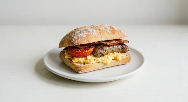 Pret A Manger Ultimate Breakfast Ciabatta, sausage, bacon, egg and tomato breakfast ciabatta on a white plate, nutrition and calories
