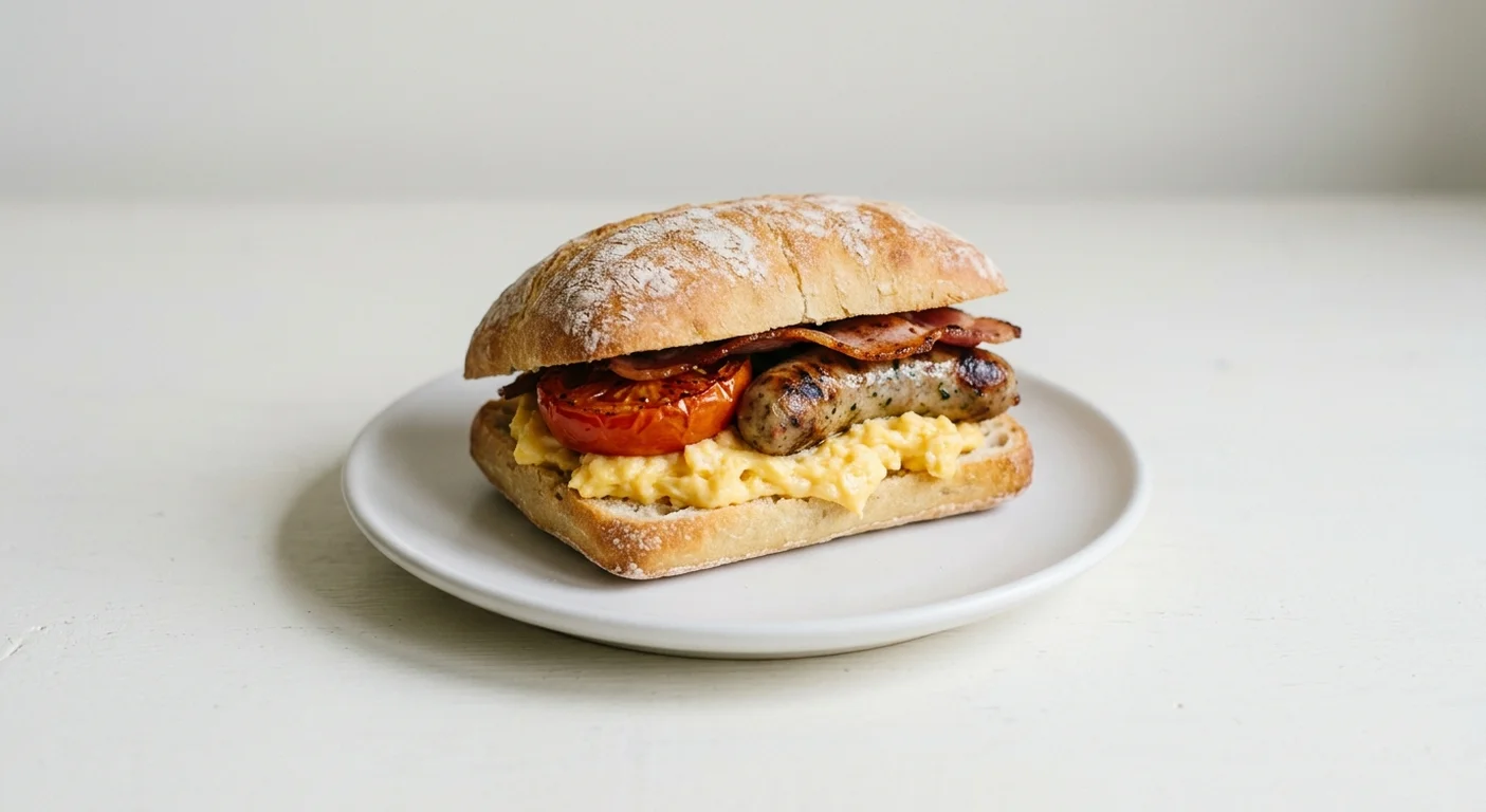 Pret A Manger Ultimate Breakfast Ciabatta, sausage, bacon, egg and tomato breakfast ciabatta on a white plate, nutrition and calories