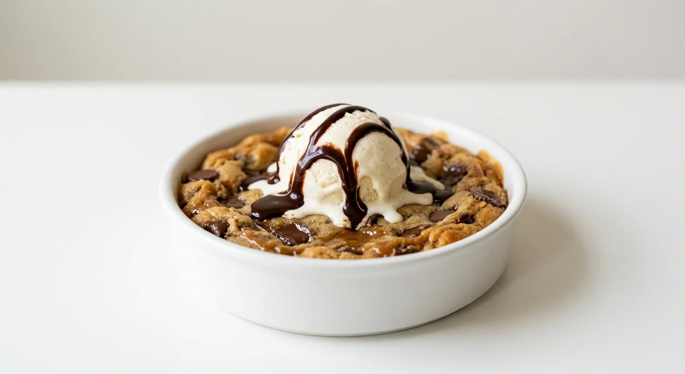 Pizza Hut Chocolate Chip Cookie Dough, warm chocolate chip cookie dough with vanilla ice cream and chocolate sauce, in a white dish, nutrition and calories