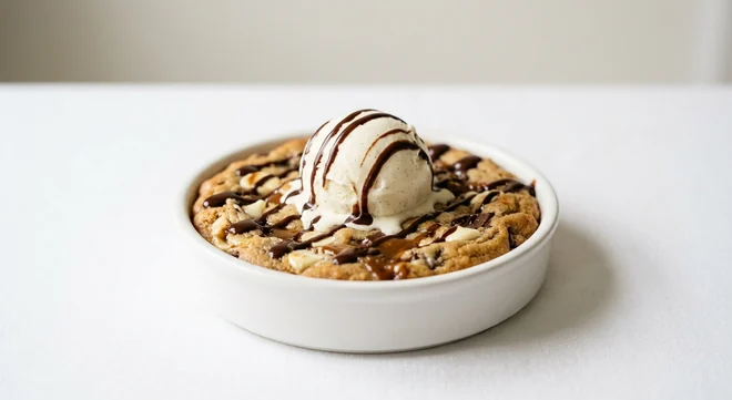 Pizza Hut White Chocolate & Caramel Cookie Dough, warm white chocolate and caramel cookie dough with vanilla ice cream and chocolate sauce, in a white dish, nutrition and calories