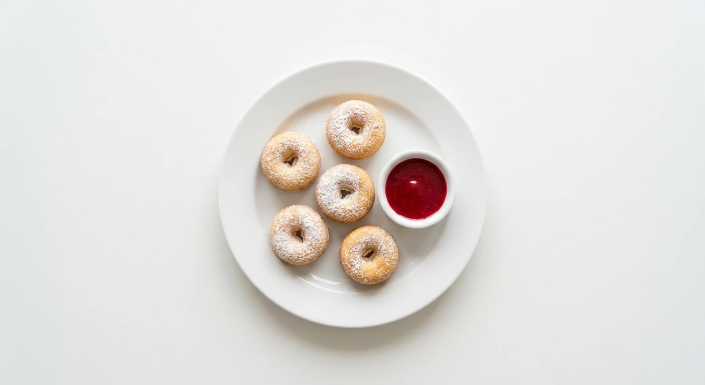 Pizza Hut Kids Mini Donuts with Raspberry Sauce, 5 sugar-dusted mini donuts with raspberry dipping sauce, on a white plate, nutrition and calories
