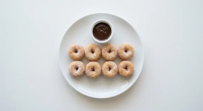 Pizza Hut Mini Donuts with Chocolate Sauce, 8 sugar-dusted mini donuts with chocolate dipping sauce, on a white plate, nutrition and calories